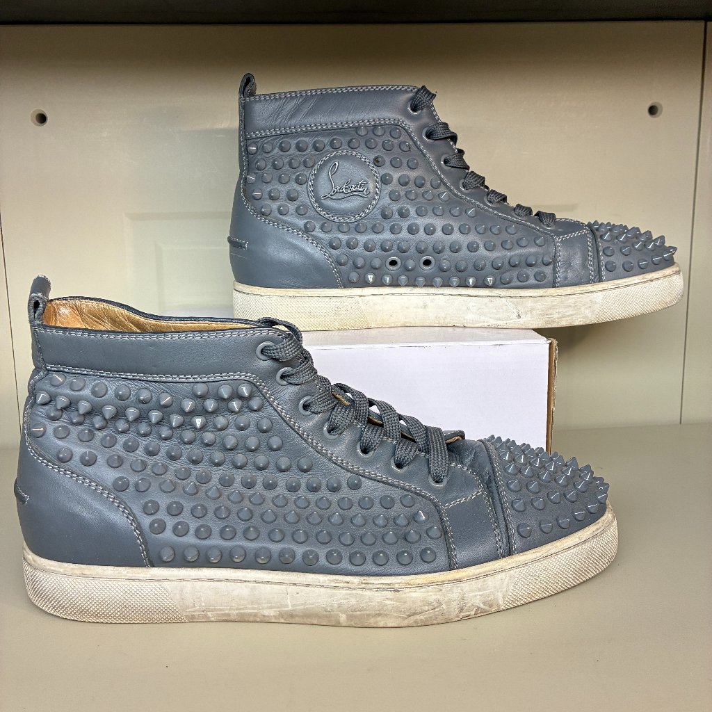 Christian Louboutin High Top Louis Flat Vv/Spikes Mens Gray Squale Size 42